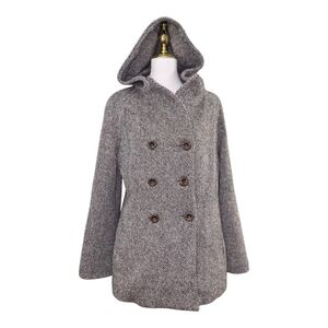 JustSweet Women’s 100% Wool Hooded Peacoat Jacket L Brown Tweed Double Breasted